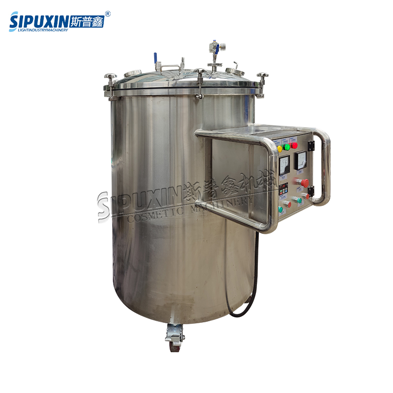 Tangki pencampuran 300 liter SS316L untuk mixer cairan parfum kosmetik dengan mesin pembuat kosmetik rektor agitator dengan roda